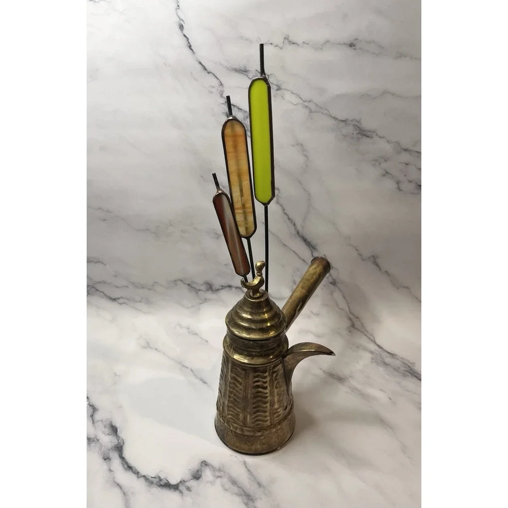 Vintage Brass Turkish Arabic Dallah Coffee Pot With Glass Embellishments Feather